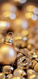 Elegant golden baubles in festive holiday setting.