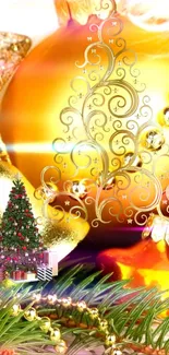 Golden Christmas tree wallpaper with festive decorations.