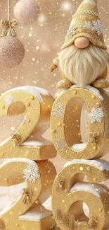 Festive gnome on golden 2026 with holiday decor.