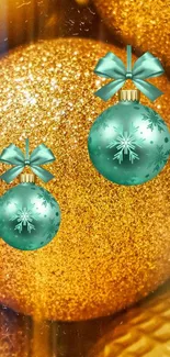 Gold and teal holiday ornaments with sparkling background.