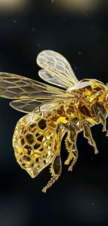 Golden honey bee on dark background.