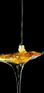 Golden honey drips luxuriously from a spoon against a black background.