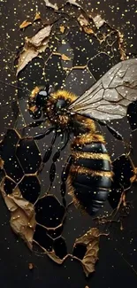 Realistic honeycomb bee artwork on dark background.