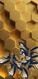 Gold honeycomb pattern with blue butterflies wallpaper.