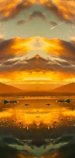 Golden sunset mirrored over a serene lake with vibrant skies.