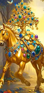 Majestic gold horse adorned with jewels in a fantasy setting.