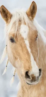 Golden horse in a snowy forest setting, calm and serene.