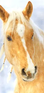 Golden horse standing in a snowy landscape, evokes serene natural beauty.