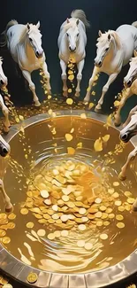 Majestic white horses pour gold coins into a mystical pool in fantasy art.