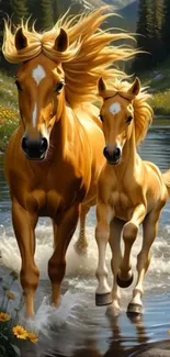 Golden horses running in a sunlit stream.