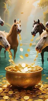 Horses drinking coins from a golden bowl in a lush fantasy setting.