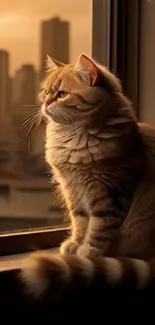 Fluffy cat gazing out a window at a golden city skyline during sunset.