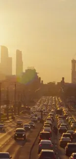 Golden hour view of cityscape with traffic under sunset.