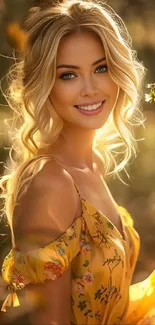 Portrait of woman in golden sunlight wearing floral dress.