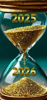Hourglass showing transition from 2025 to 2026 with golden glitter sand.