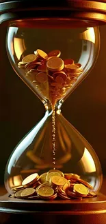 Hourglass with gold coins in amber light.