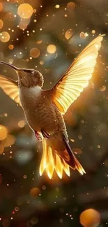 A golden hummingbird flies surrounded by glowing bokeh.
