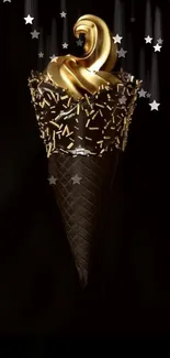 Golden ice cream cone on black background.