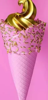 Pink and gold ice cream cone on vibrant background.