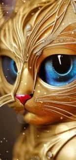 Intricate golden cat art with vivid blue eyes, perfect for mobile wallpaper.