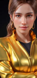 Digital art of woman in golden jacket with dark background.