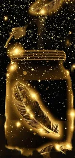 Golden jar with feather and sparkling lights in the background.