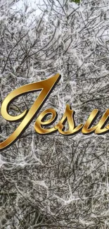 Gold Jesus text on a gray abstract background wallpaper.