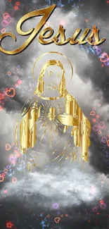 Golden Jesus figure on stormy clouds wallpaper.