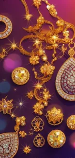 Golden jewelry on a vibrant purple background, sparkling elegantly.