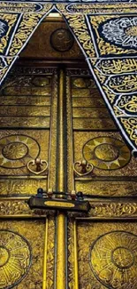 Golden door of Kaaba with Islamic patterns, ideal mobile wallpaper.