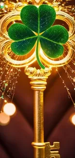 Golden key with green clover magical wallpaper.
