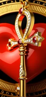 Golden key over red heart emblem with jewels.