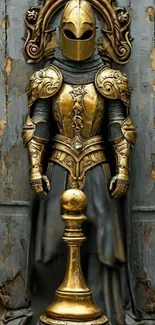 Golden knight armor with ornate design and chess piece base.