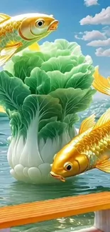 Golden koi fish with green cabbage and blue sky