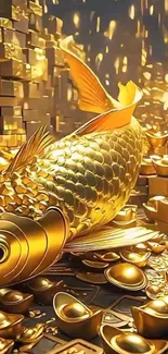 Golden koi fish surrounded by gold treasures in an opulent design.