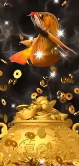 Golden koi fish swimming above a treasure chest with sparkling gold coins.