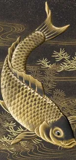 Elegant golden koi fish on dark textured background.