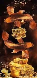 Golden koi fish and lotus on wealth-themed background.