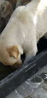 A golden Labrador drinks from a black basin with stone backdrop.