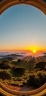 Stunning landscape with sunrise in vintage frame, featuring golden and green tones.