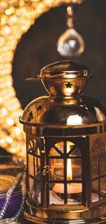 Golden lantern with candlelight and festive decor.