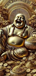 Golden Laughing Buddha surrounded by coins