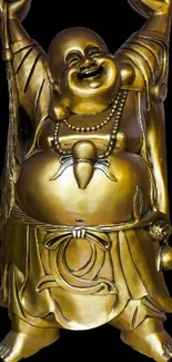 Golden Laughing Buddha statue mobile wallpaper with a joyful expression.