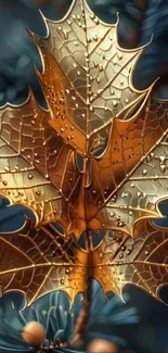 Golden leaf design mobile wallpaper with artistic texture.
