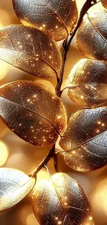 Golden leaves with sparkling effect on mobile wallpaper.