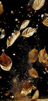 Floating golden leaves on a sparkling black background