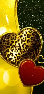 Golden hearts wallpaper with leopard pattern.