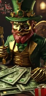 Leprechaun with gold and money in a fantasy setting wallpaper.