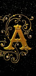 Golden letter A on black ornate wallpaper.