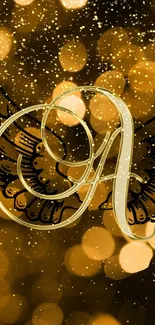 Golden letter 'A' with wings and bokeh design mobile wallpaper.